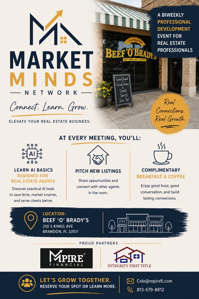 Market Minds Network flyer for the Brandon, FL real estate agent class at Beef 'O' Brady's